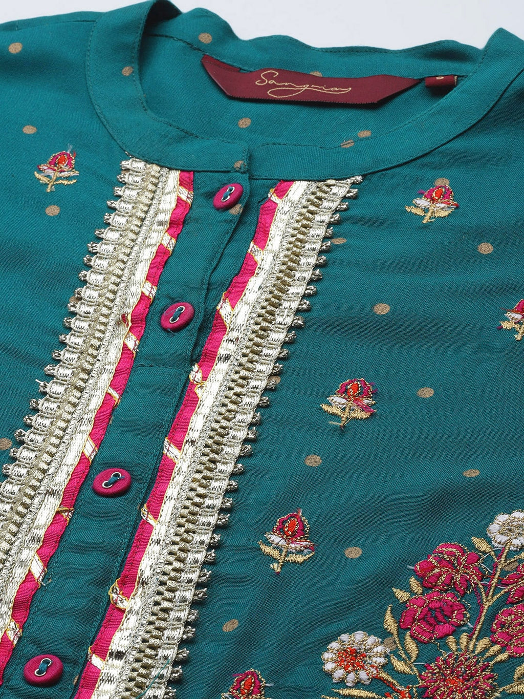 Sangria Women Teal Green & Golden Floral Embroidered Kurta with Trousers