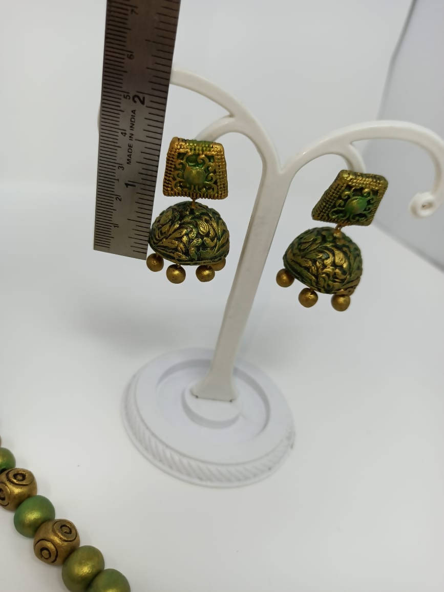 Terracotta Green and Gold Kerala Style Rowing Boat Pendant Long Necklace Set with Temple Earrings