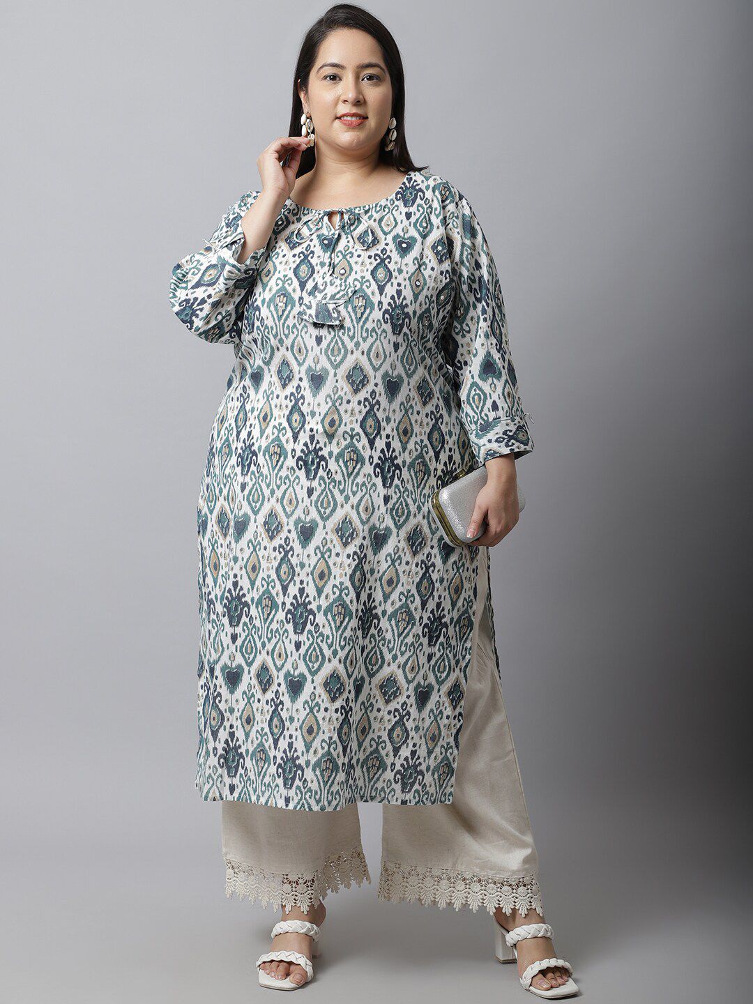 TAG 7 Women Plus Size Cream-Coloured Linen Ethnic Palazzos