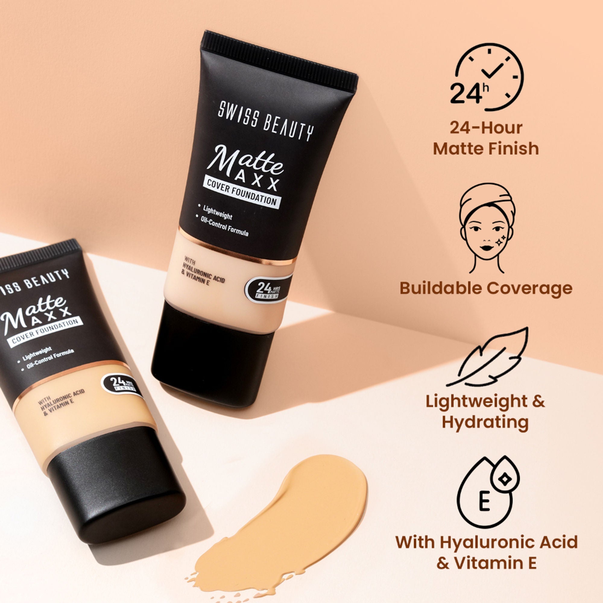 Swiss Beauty Matte Maxx Cover Foundation with Hyaluronic Acid & Vitamin E - 4 Medium Warm