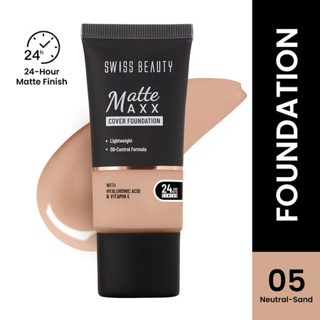 Swiss Beauty Matte Maxx Cover Foundation with Hyaluronic Acid & Vitamin E - 5 Neutral Sand