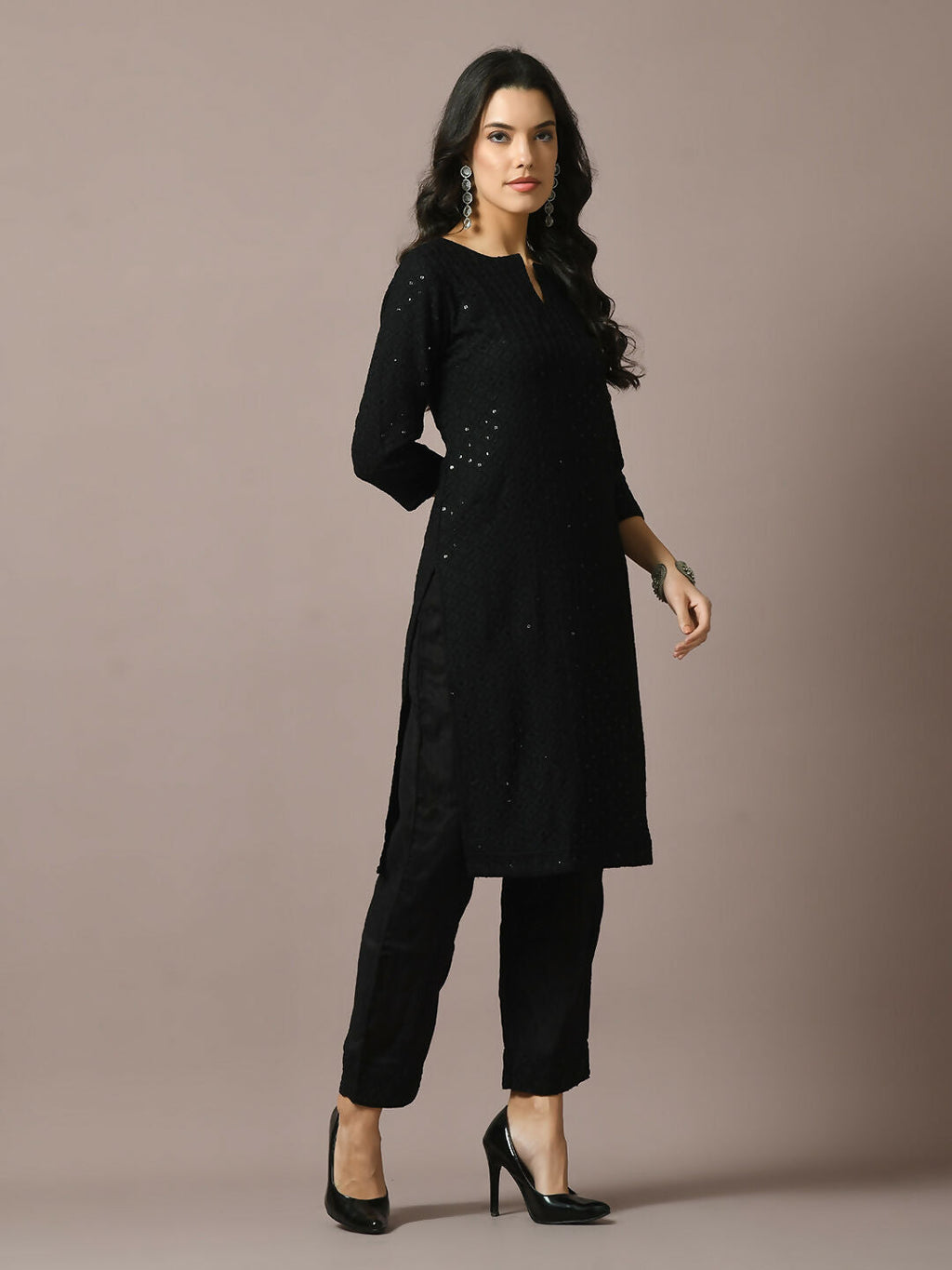 Myshka Women's Black Embroidered Cotton Straight Party Kurta Set