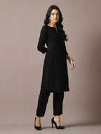 Myshka Women's Black Embroidered Cotton Straight Party Kurta Set