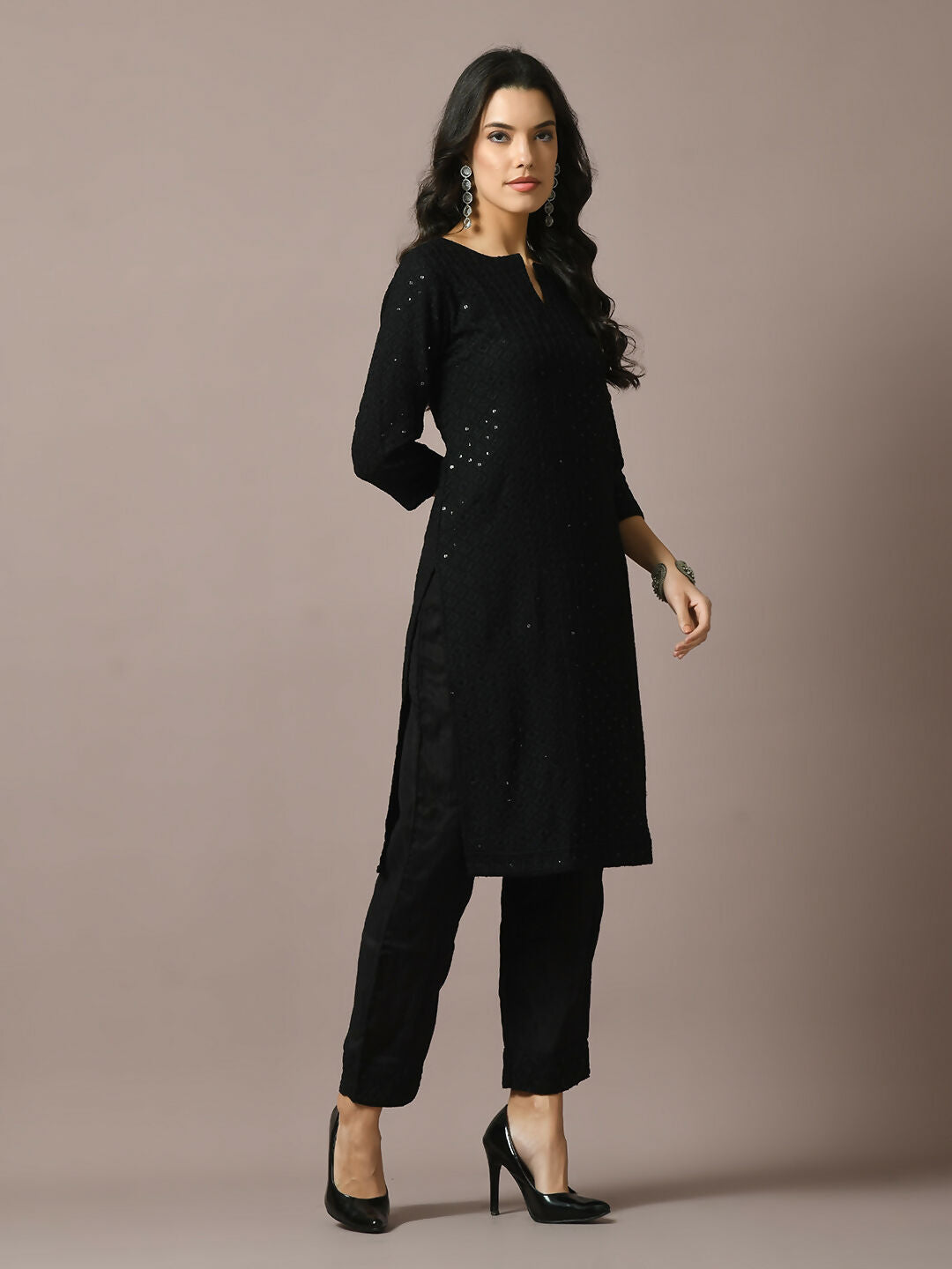 Myshka Women's Black Embroidered Cotton Straight Party Kurta Set