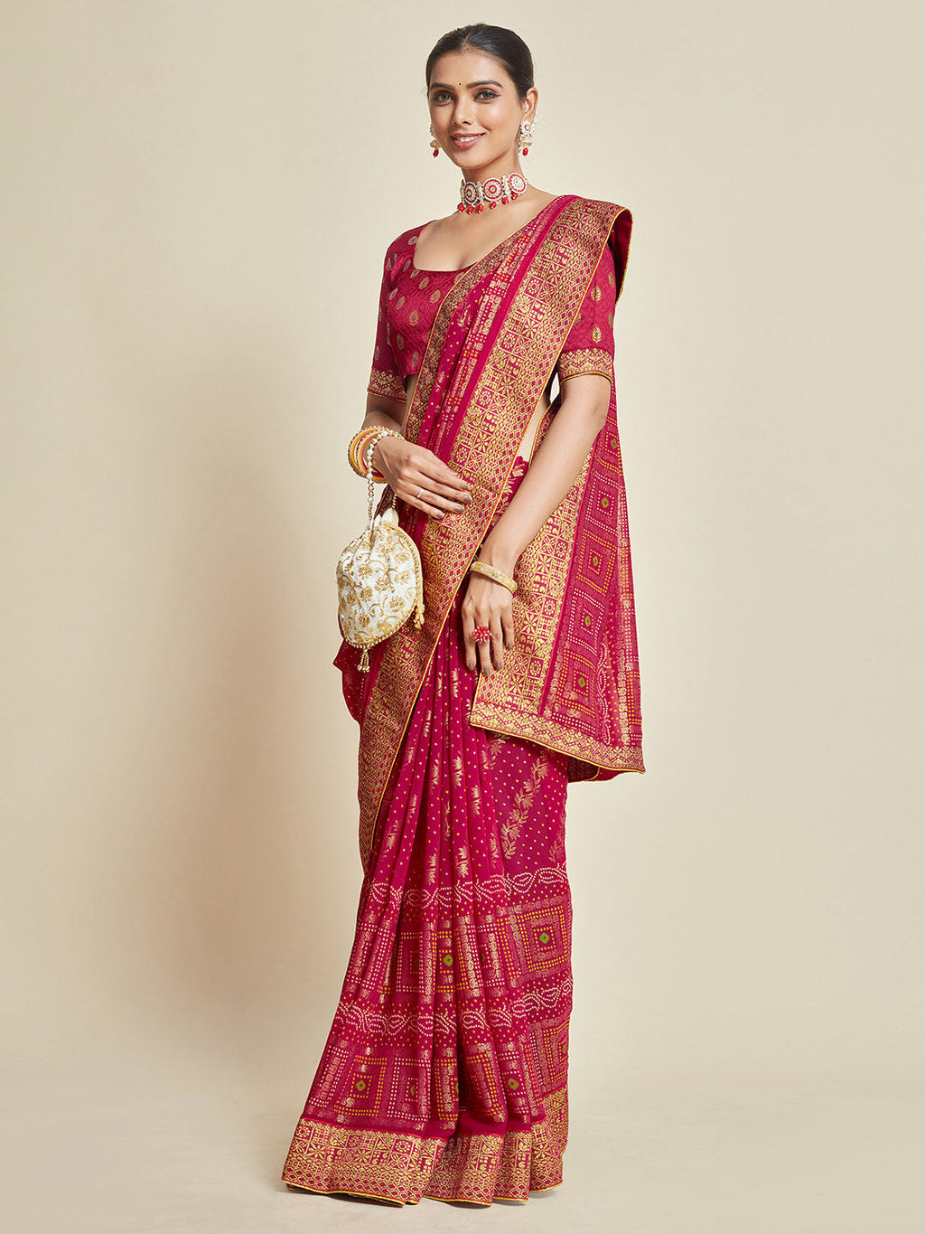 Sangria Pink Woven Design Zari Detail Poly Georgette Bandhani Saree - Distacart