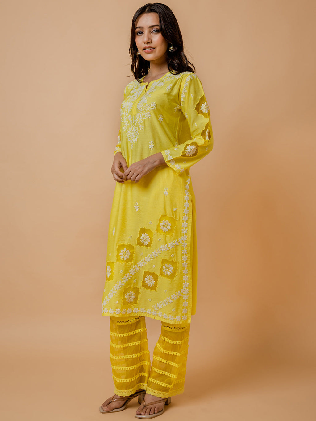 HOUSE OF KARI Ethnic Motifs Embroidered Round Neck Chikankari Chanderi Silk Kurta