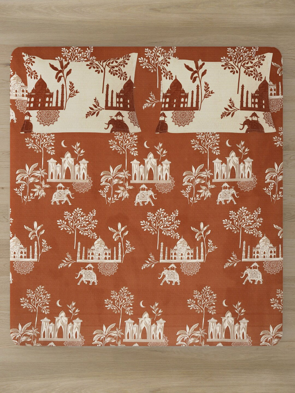 Rajasthan Decor Rust & Cream Printed Cotton 160 TC King Bedsheet with 2 Pillow Covers