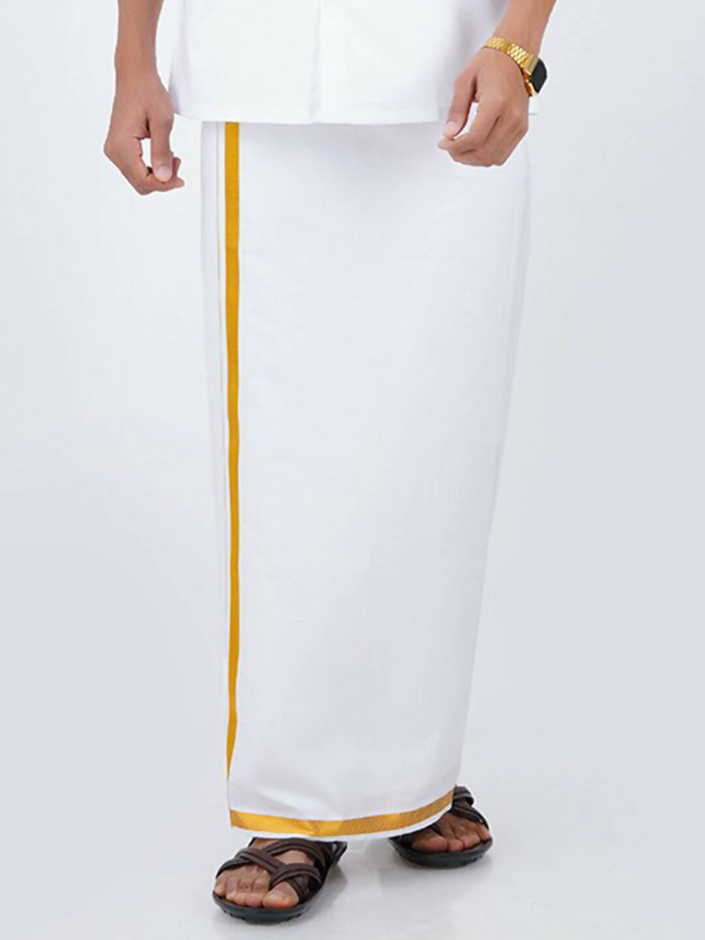 Ramraj Cotton Mens Pure Cotton 1/2 Inch Gold Jari Dhoti - White