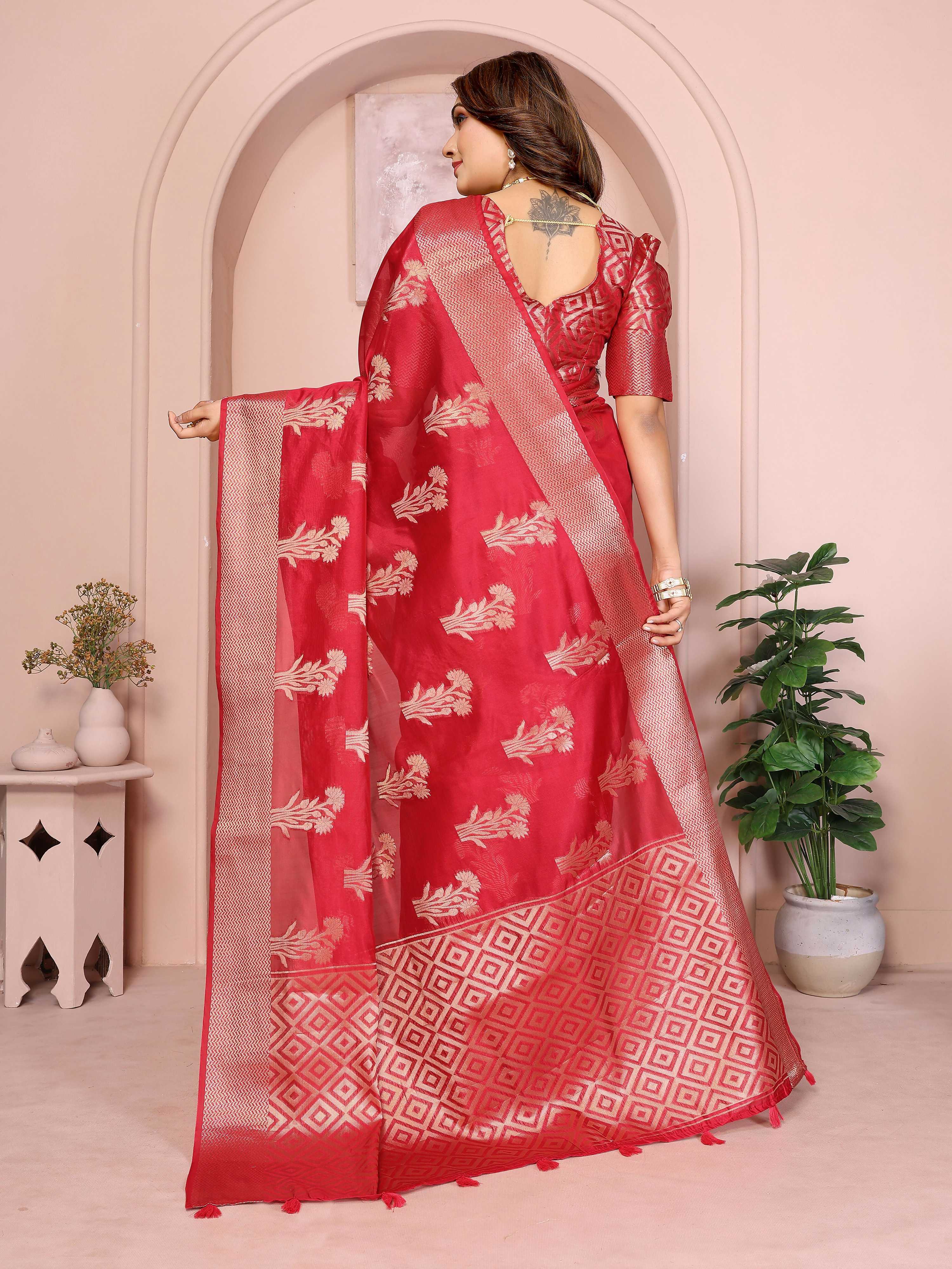 Aastha Fashion Red Soft Organza Silk Weaving Saree - Distacart