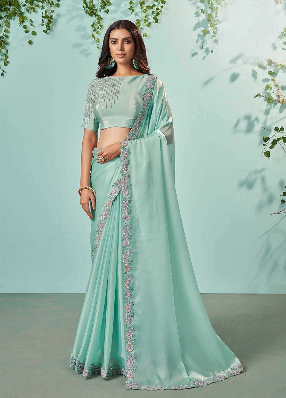 Sea Green Organza Silk Crepe Solid Saree With Unstitched Blouse Piece - Norita Ikshita