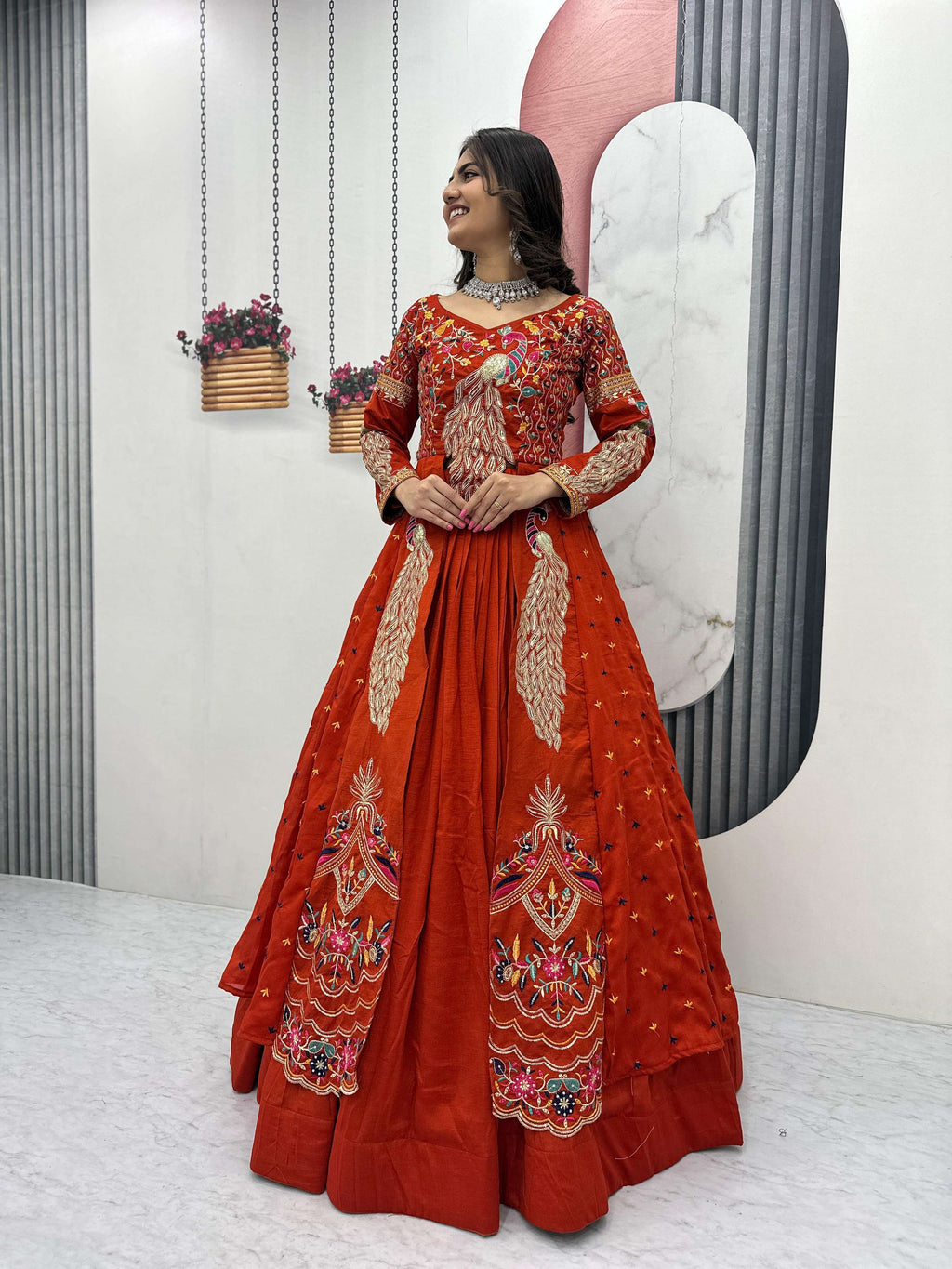 Yash Enterprise Orange Vichitra Silk Party Wear Embroidery Crop Top With Blouse Lehenga Choli - Distacart