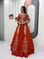 Yash Enterprise Orange Vichitra Silk Party Wear Embroidery Crop Top With Blouse Lehenga Choli - Distacart