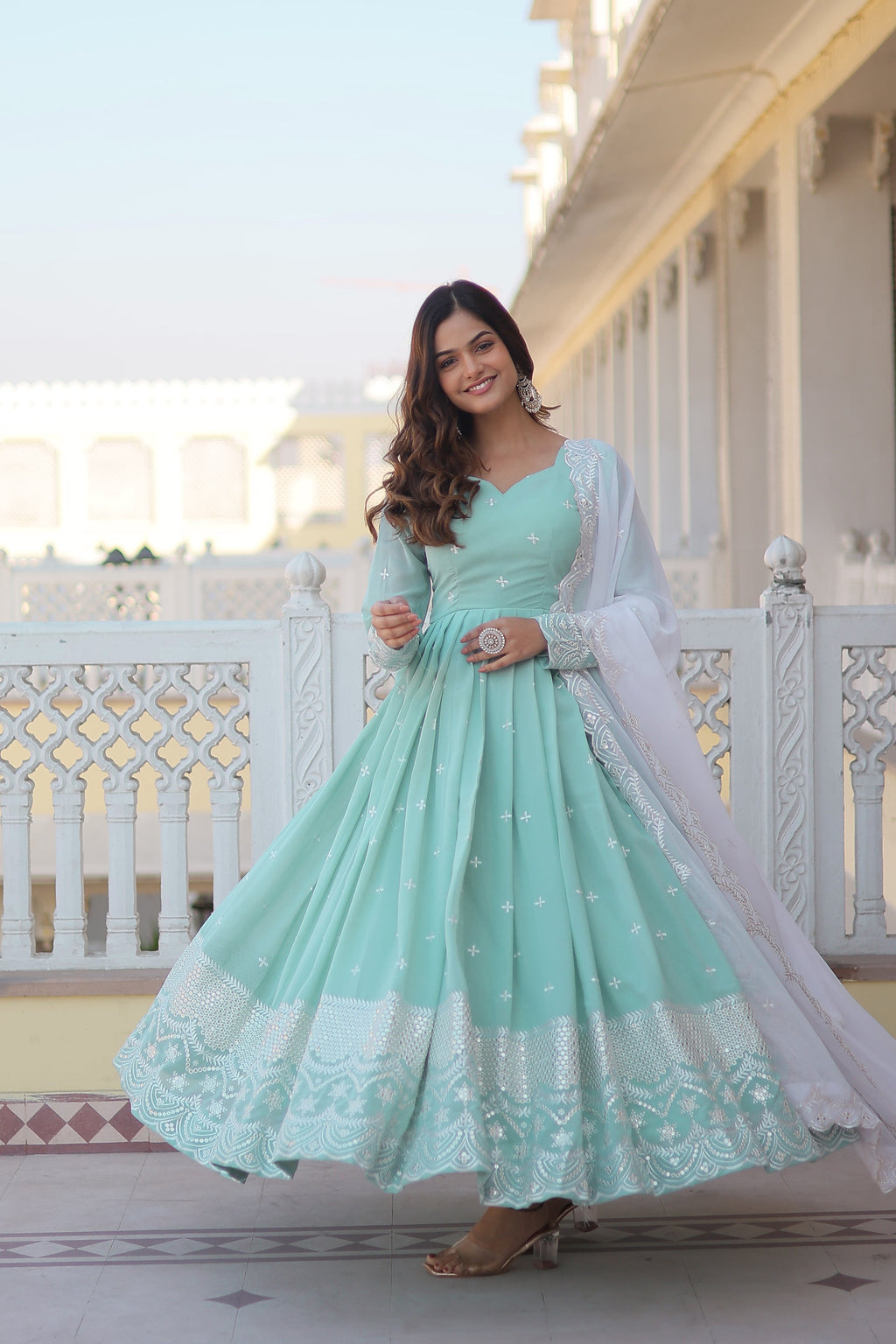 Yash Enterprise Green Pista Faux Georgette Party Wear Embroidery Suit Set - Distacart