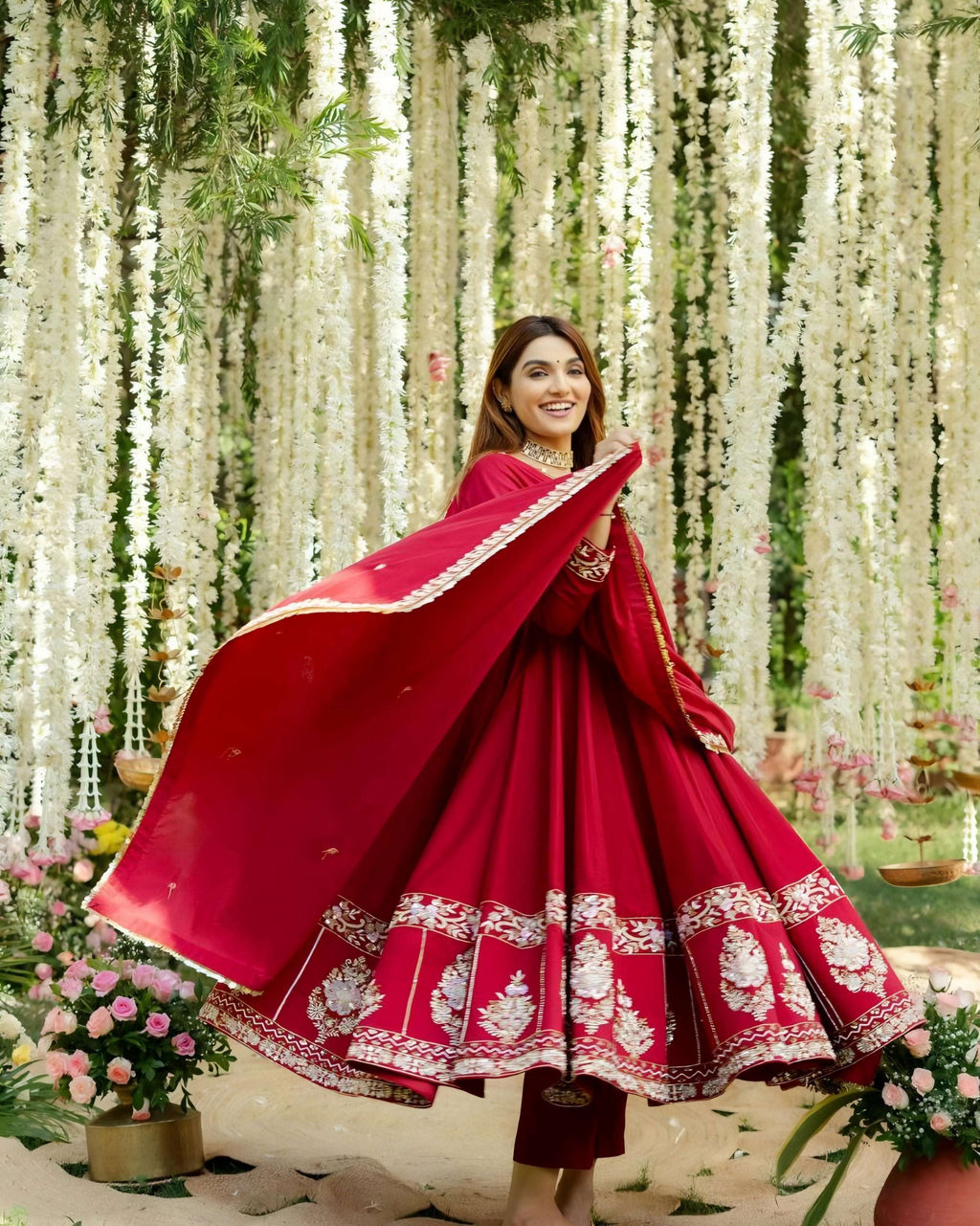 Yash Enterprise Red Roman Silk Embroidery Suit Set - Distacart