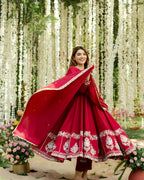 Yash Enterprise Red Roman Silk Embroidery Suit Set - Distacart