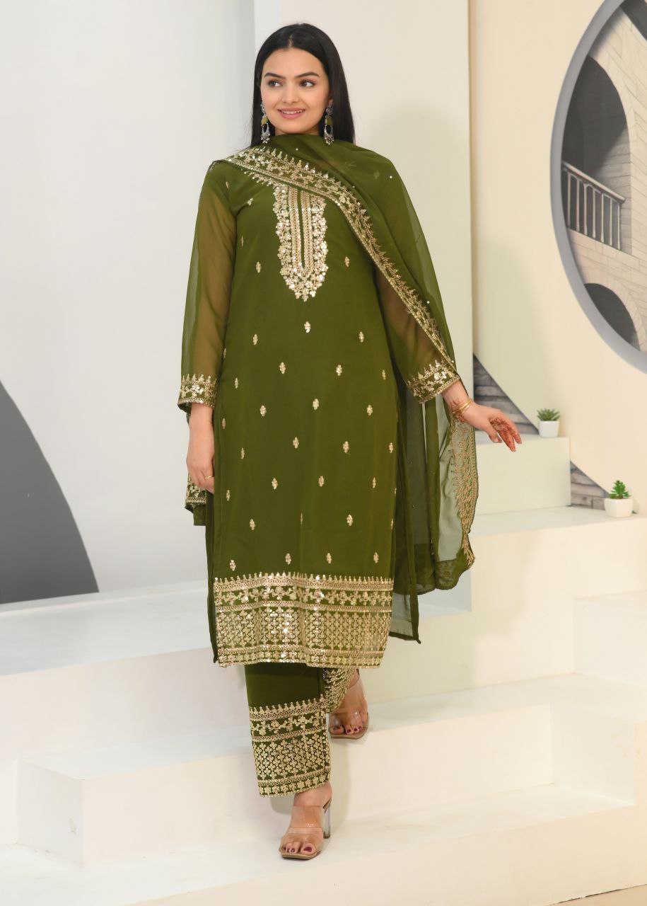 Yash Enterprise Alluring Fox Georgette Olive Embroidery Work Readymade Salwar Suit - Distacart