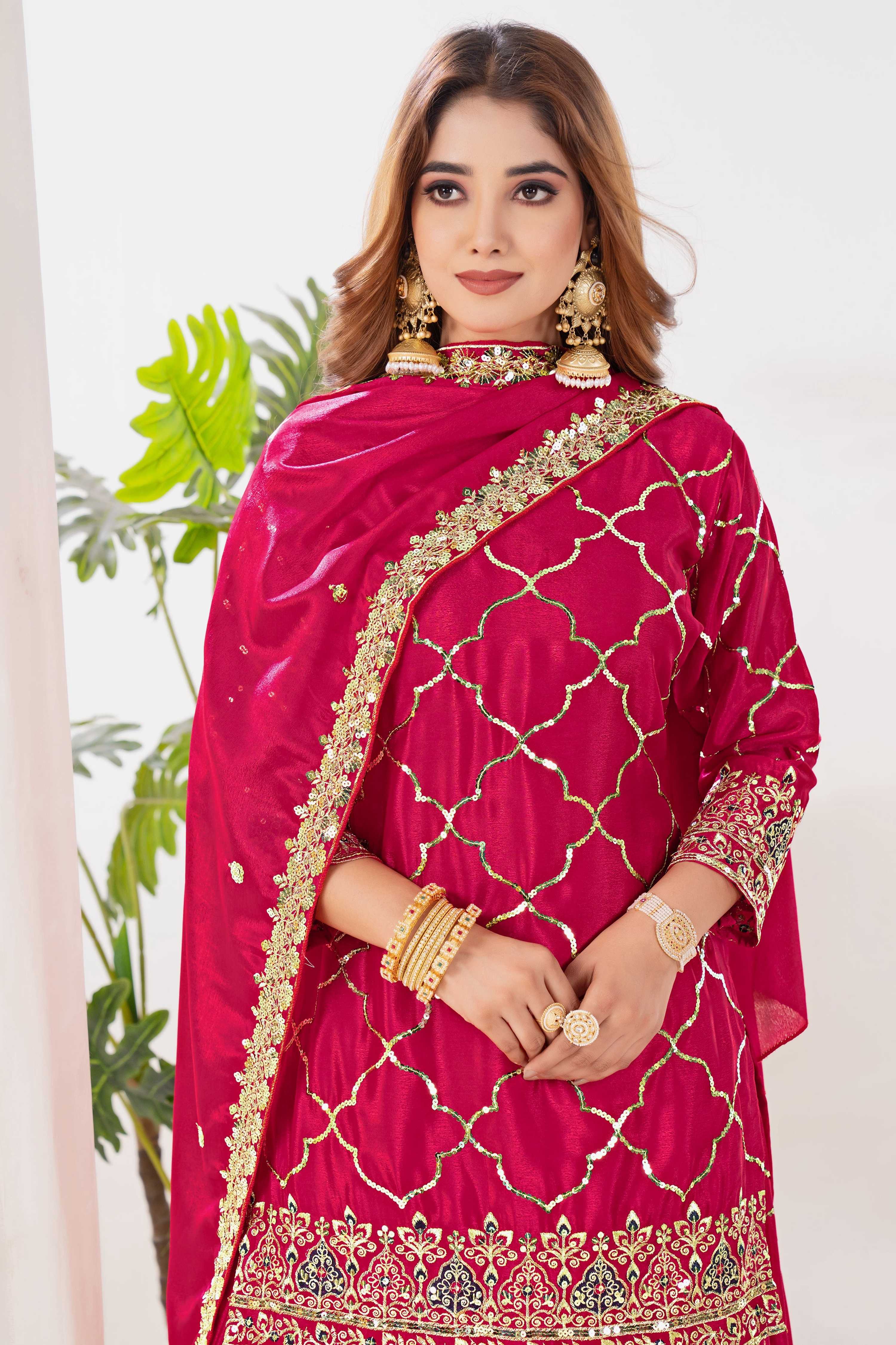 Yash Enterprise Red Chinnon Silk Embroidery Party Wear Suit Set - Distacart