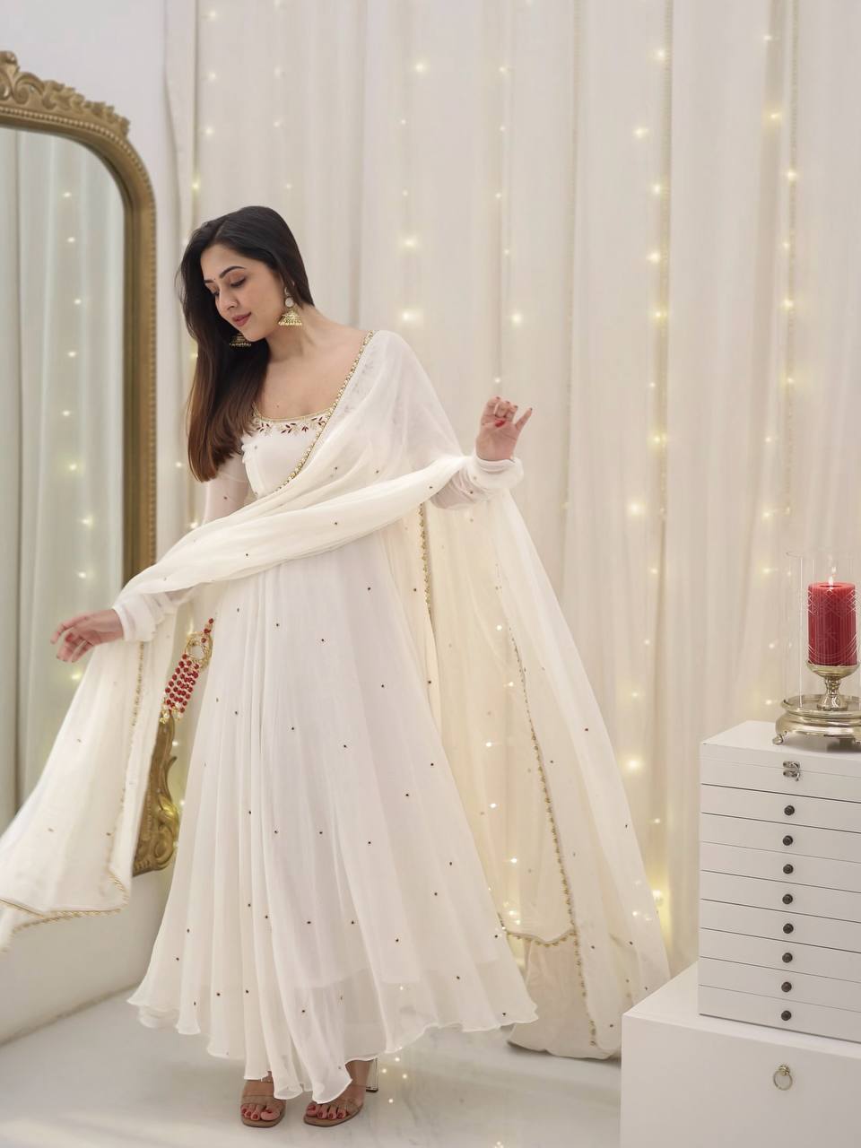 Yash Enterprise White Star Georgette Silk Embroidery Party Wear Uit Set - Distacart
