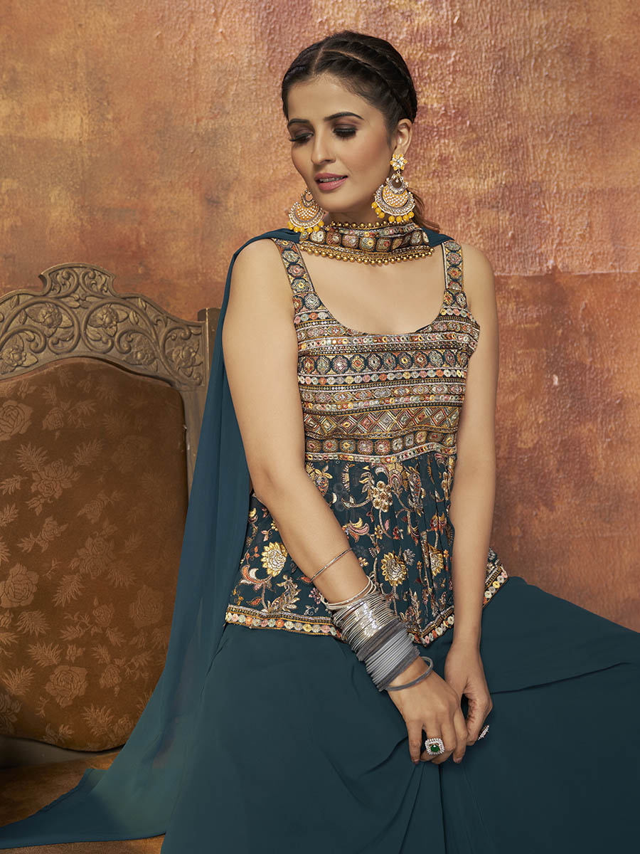 Myra Aequa Blue Georgette Embroidered Designer Suit
