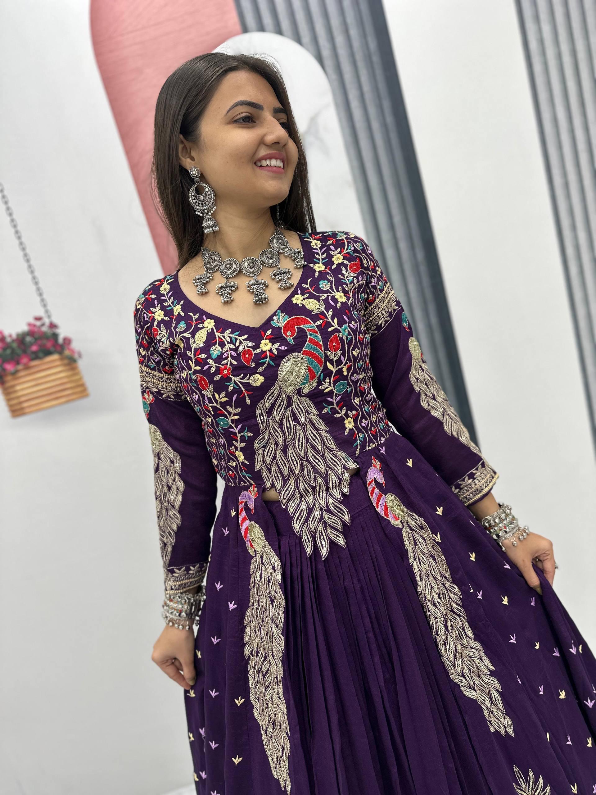 Yash Enterprise Purple Vichitra Silk Party Wear Embroidery Crop Top With Blouse Lehenga Choli - Distacart