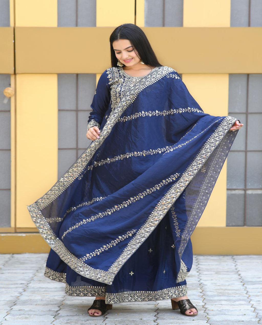 Yash Enterprise Alluring Chinon Silk Navy Blue Embroidery Work Readymade Salwar Suit - Distacart