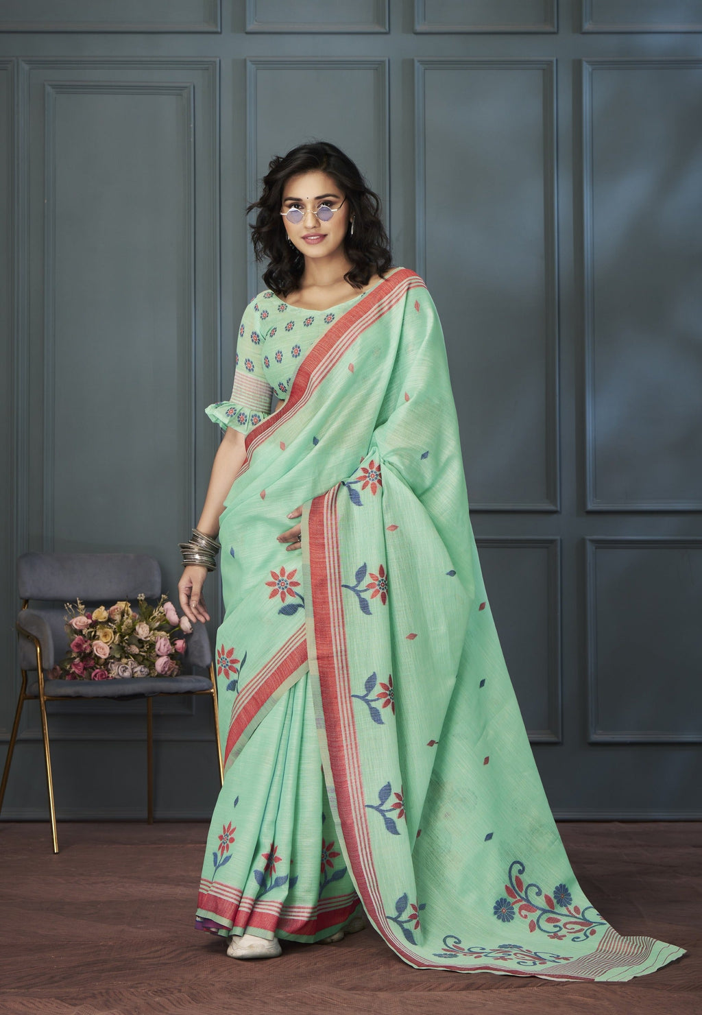 Anaita Light Green Designer Weaving Handloom Linen Saree With Blouse - Distacart