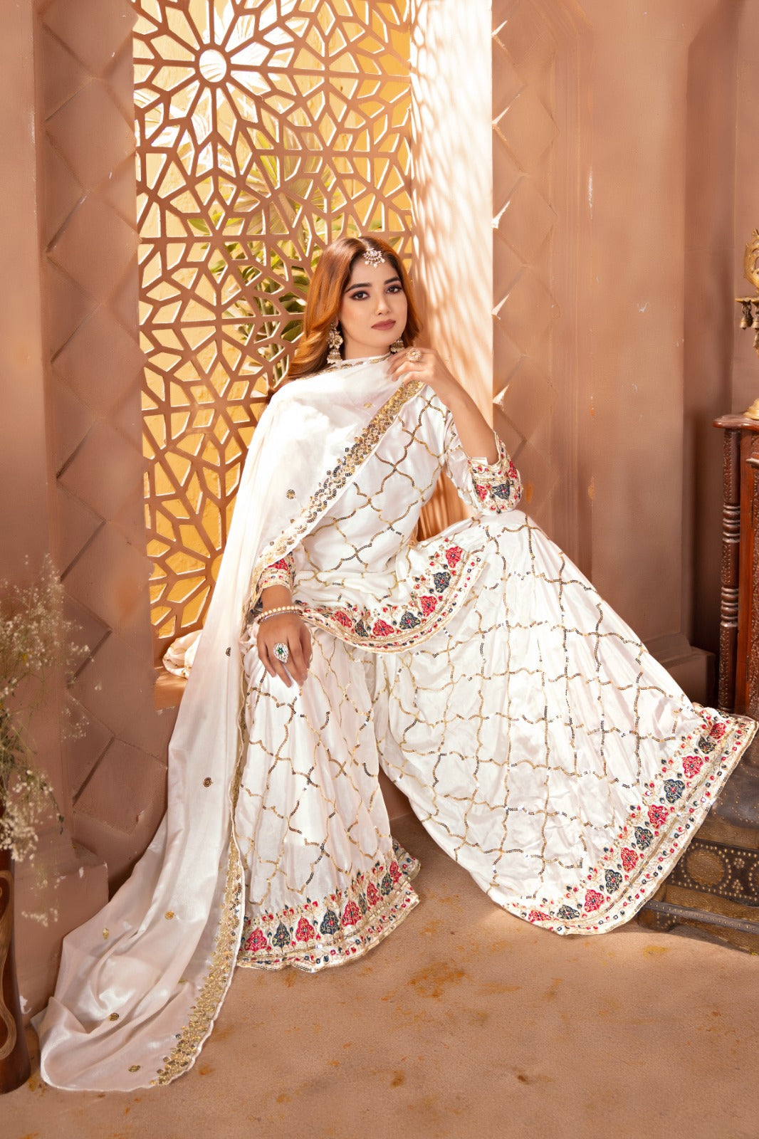 Yash Enterprise White Chinon Silk Embroidery Party Wear Suit Set - Distacart