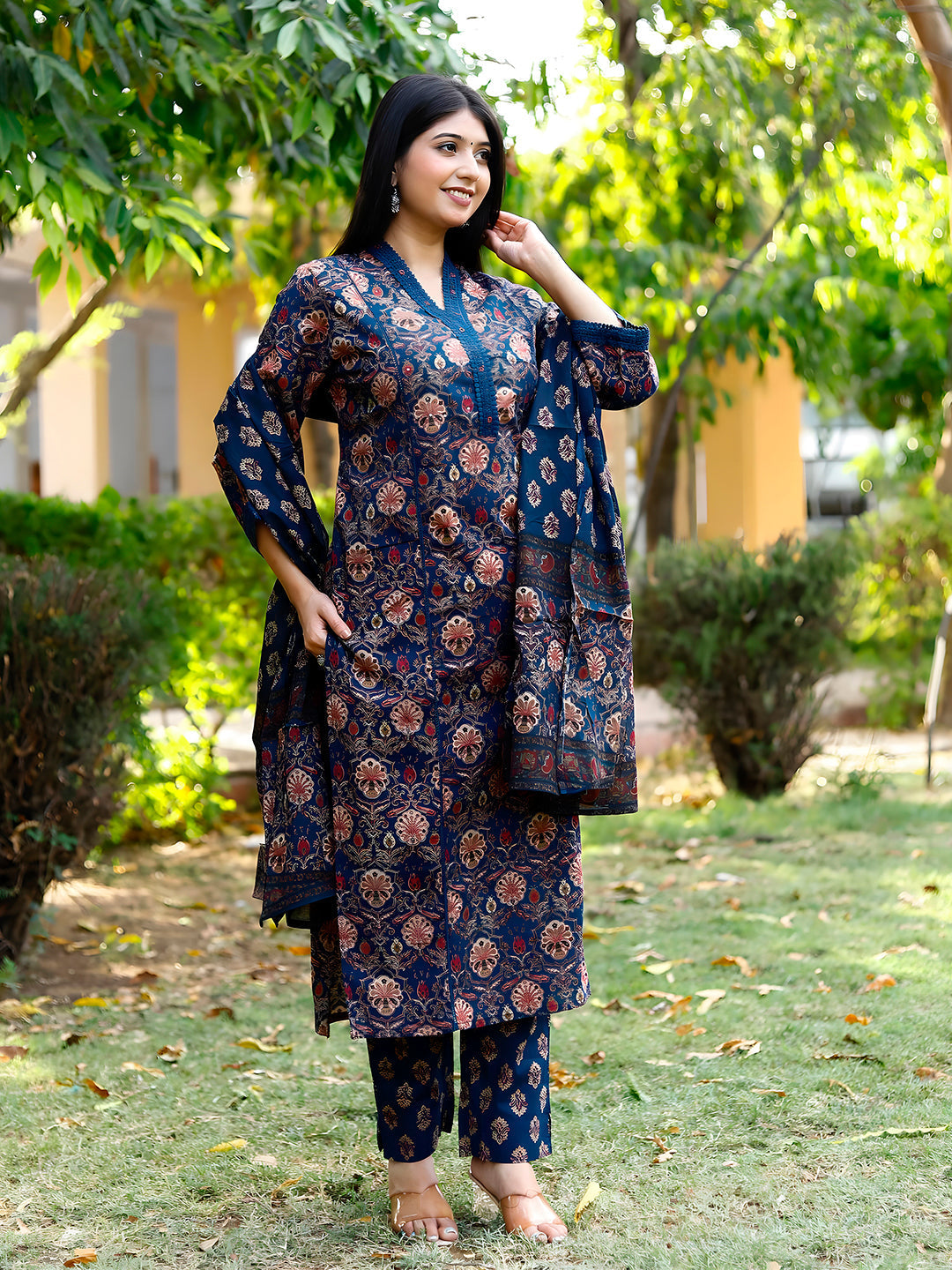 Hand Embroidered & Floral Printed Lace Detailed Kurta With Printed Pant & Dupatta Premium Luxury, Multicolor - Hiral Fashion
