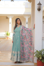 Yash Enterprise Sea Green Georgette Embroidered Long Kurti SetWith Multicolour Dupatta - Distacart