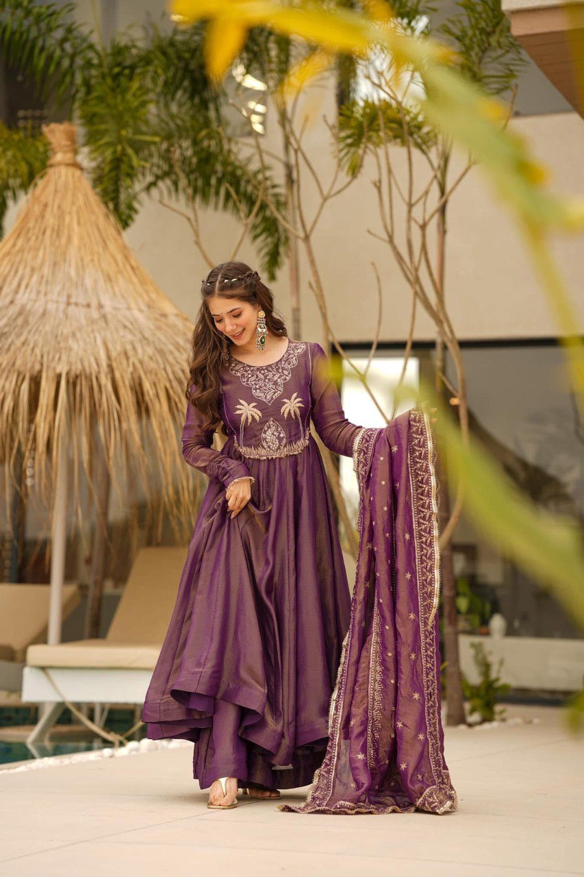 Yash Enterprise Purple Cosmo Silk Party Wear Ebroidery Suit Set - Distacart