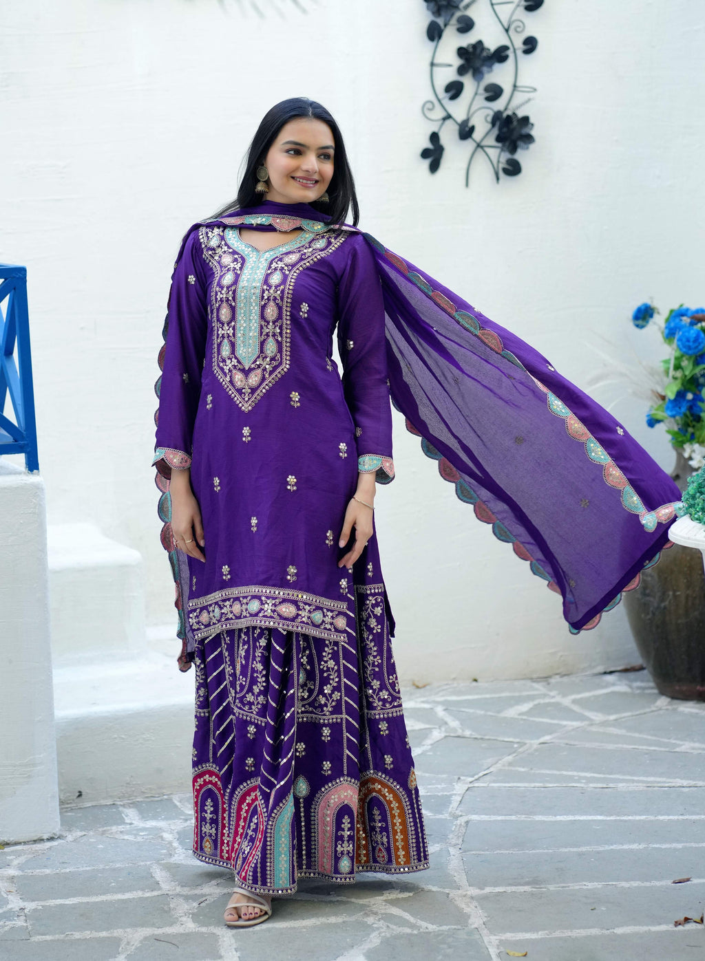 Yash Enterprise New Designer Embroidered Chinon With Sequence Blue Readymade Salwar Suit - Distacart