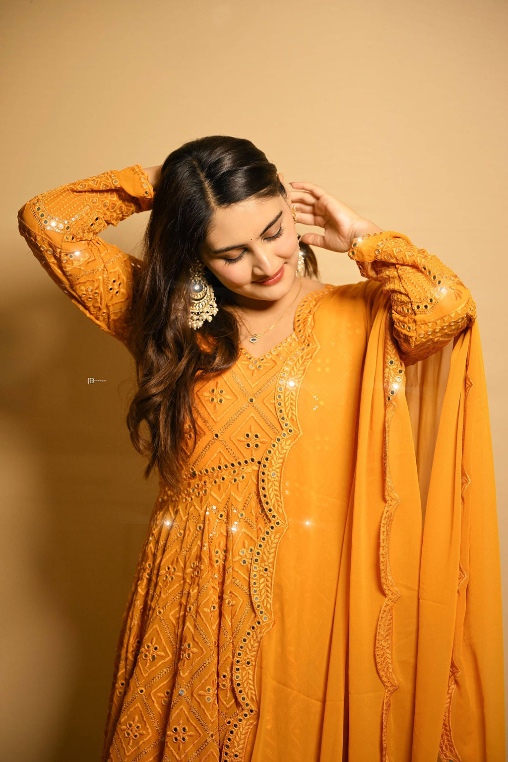 Yash Enterprise Beautiful Yellow Faux Embroidered Wedding Wear Gown With Dupatta - Distacart