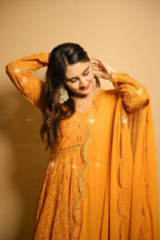 Yash Enterprise Beautiful Yellow Faux Embroidered Wedding Wear Gown With Dupatta - Distacart