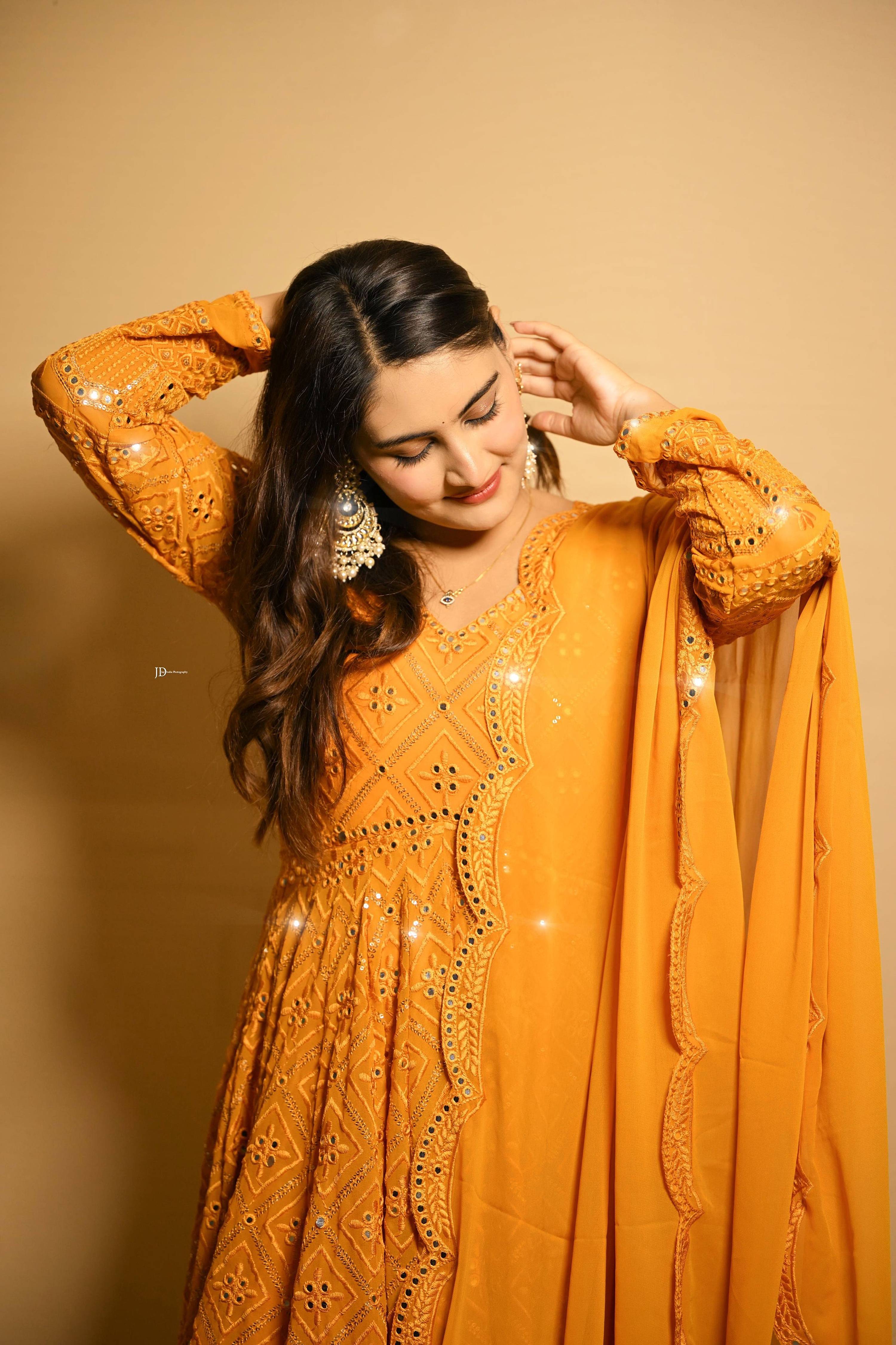 Yash Enterprise Beautiful Yellow Faux Embroidered Wedding Wear Gown With Dupatta - Distacart