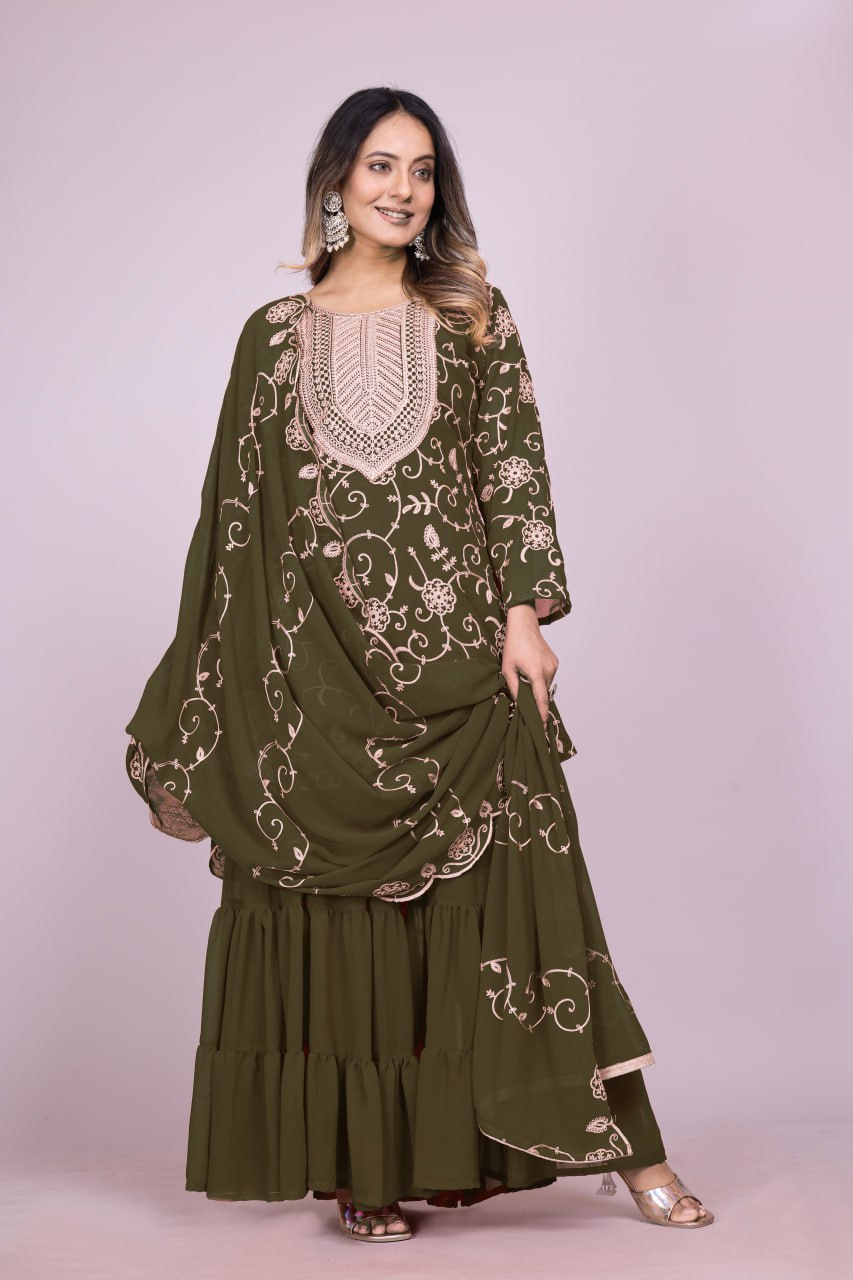 Yash Enterprise Mahendi Chinon Silk Party Wear Embroidery Suit Set - Distacart