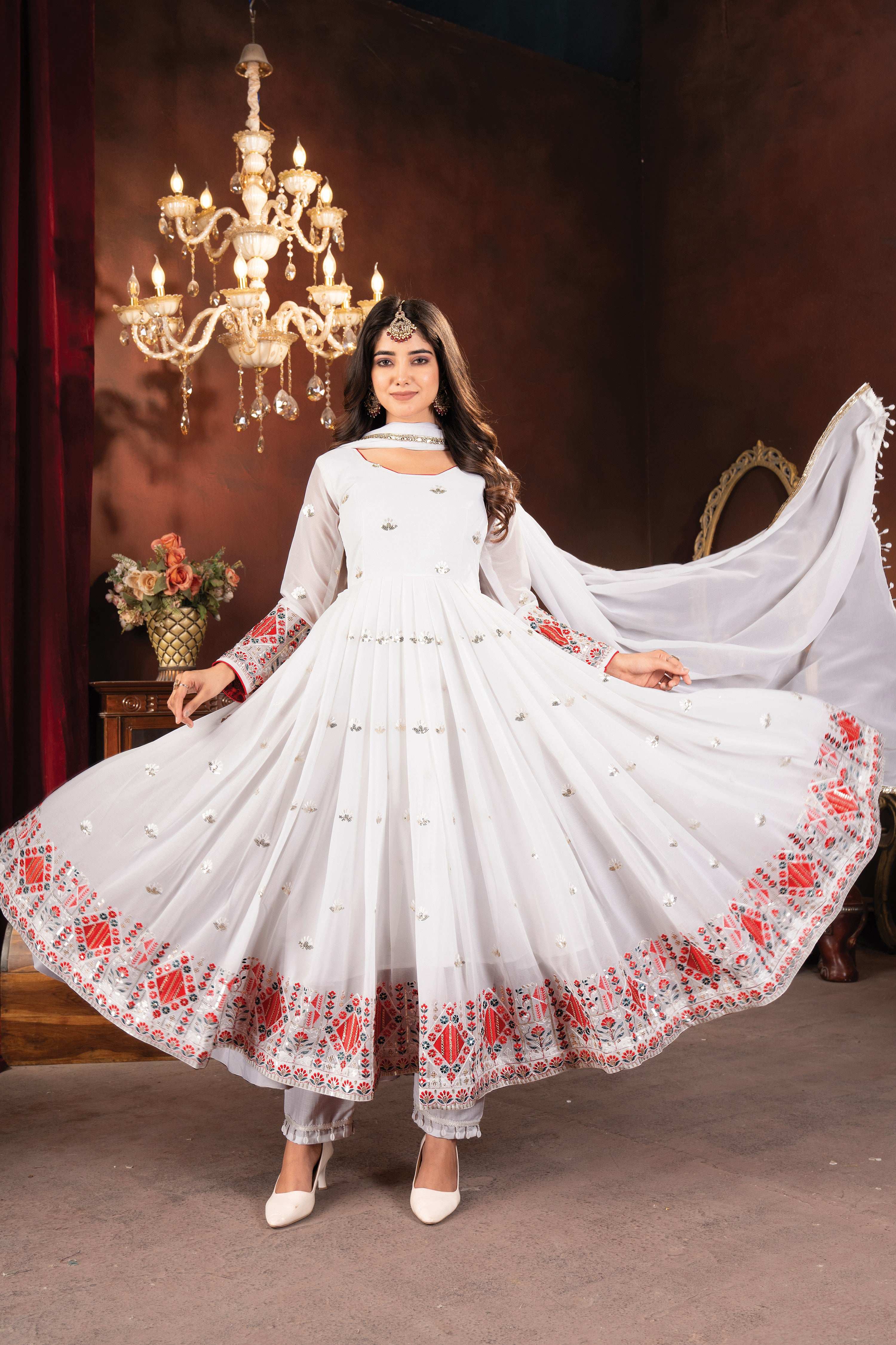 Yash Enterprise White Faux Blooming Embroidery Party Wear Suit Set - Distacart