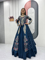 Yash Enterprise Rama Green Vichitra Silk Party Wear Embroidery Crop Top With Blouse Lehenga Choli - Distacart