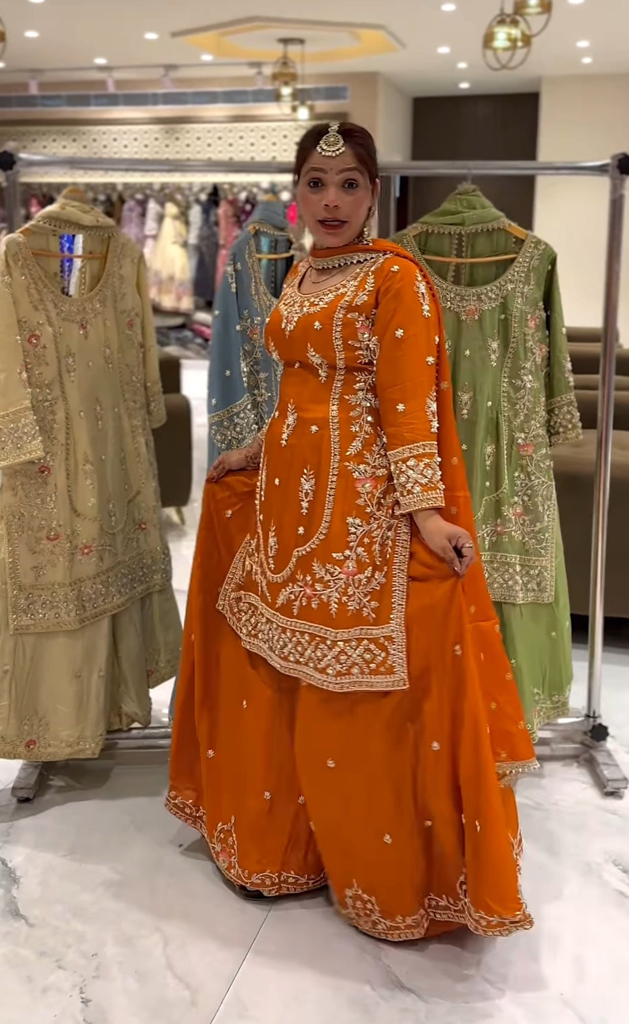 Yash Enterprise Orange Natural Crep Embroidery Party Wear Suit Set - Distacart