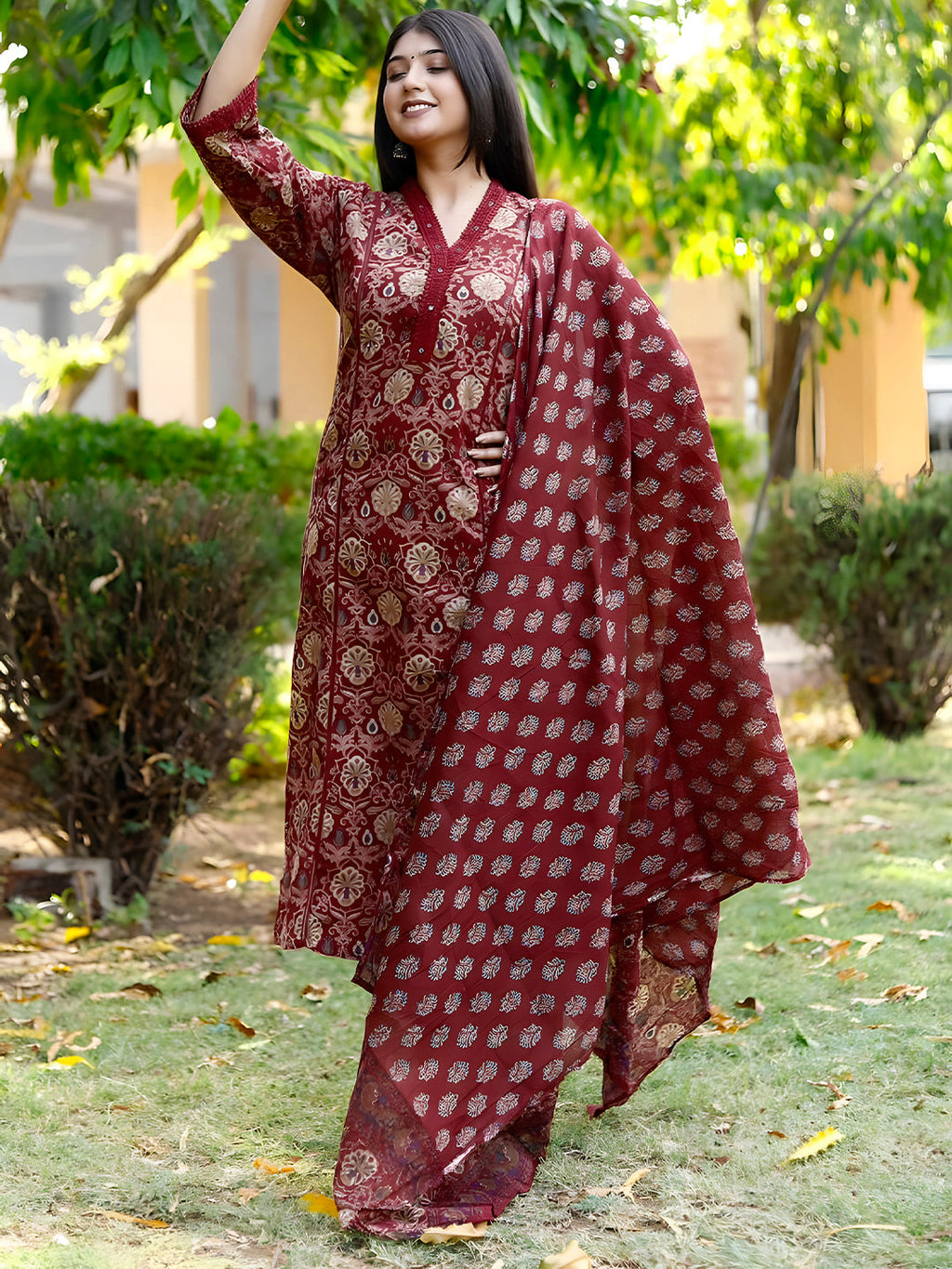 Hand Embroidered & Floral Printed Lace Detailed Kurta With Printed Pant & Dupatta Premium Luxury, Multicolor - Hiral Fashion