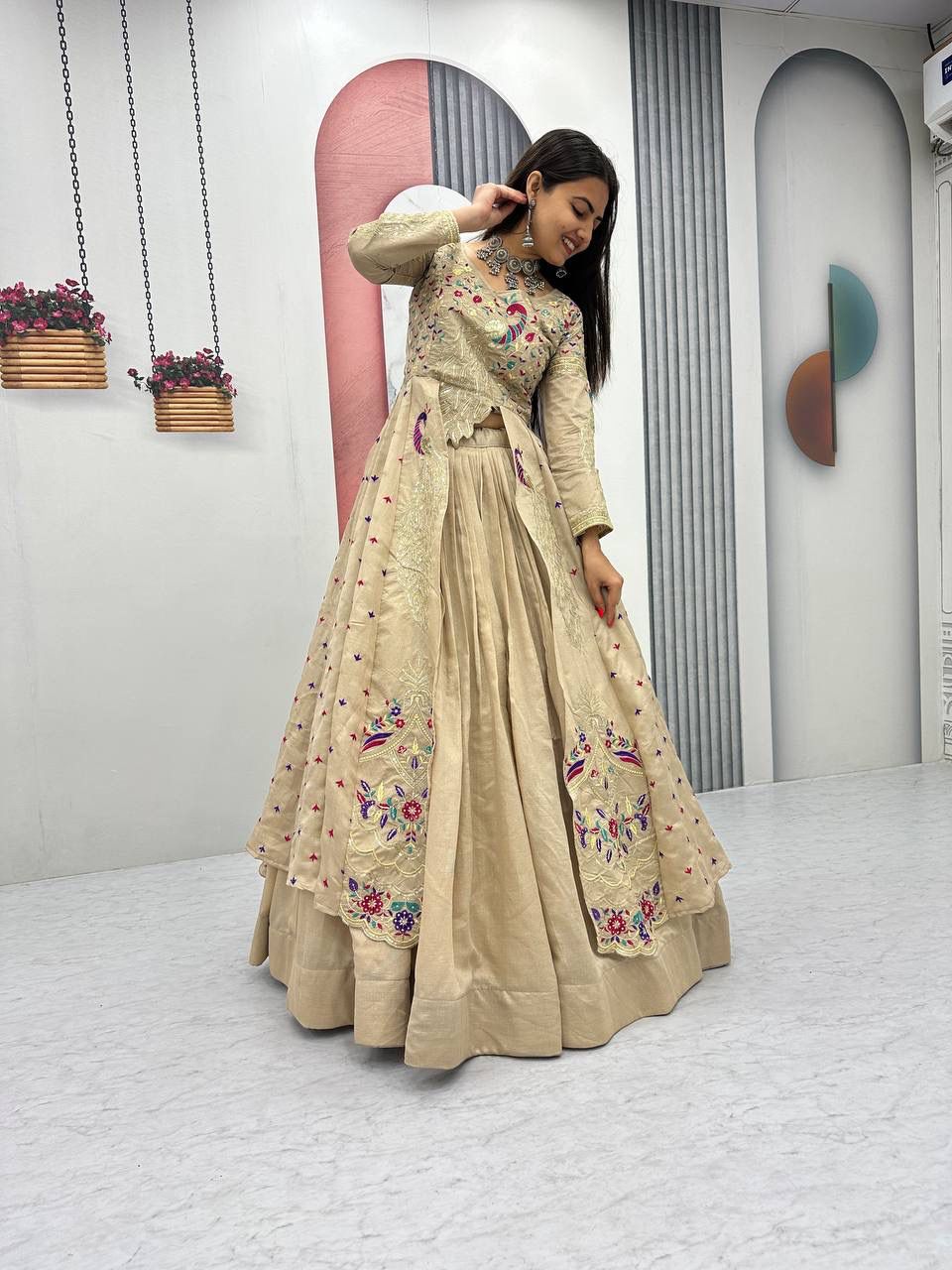 Yash Enterprise Cream Vichitra Silk Party Wear Embroidery Crop Top With Blouse Lehenga Choli - Distacart