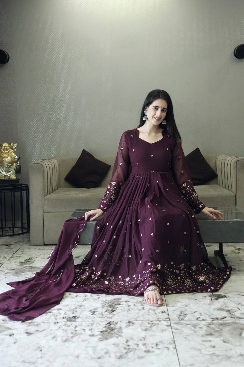 Yash Enterprise Maroon Anarkali Salwar Suit With Mirror And Gota Patti Work - Distacart