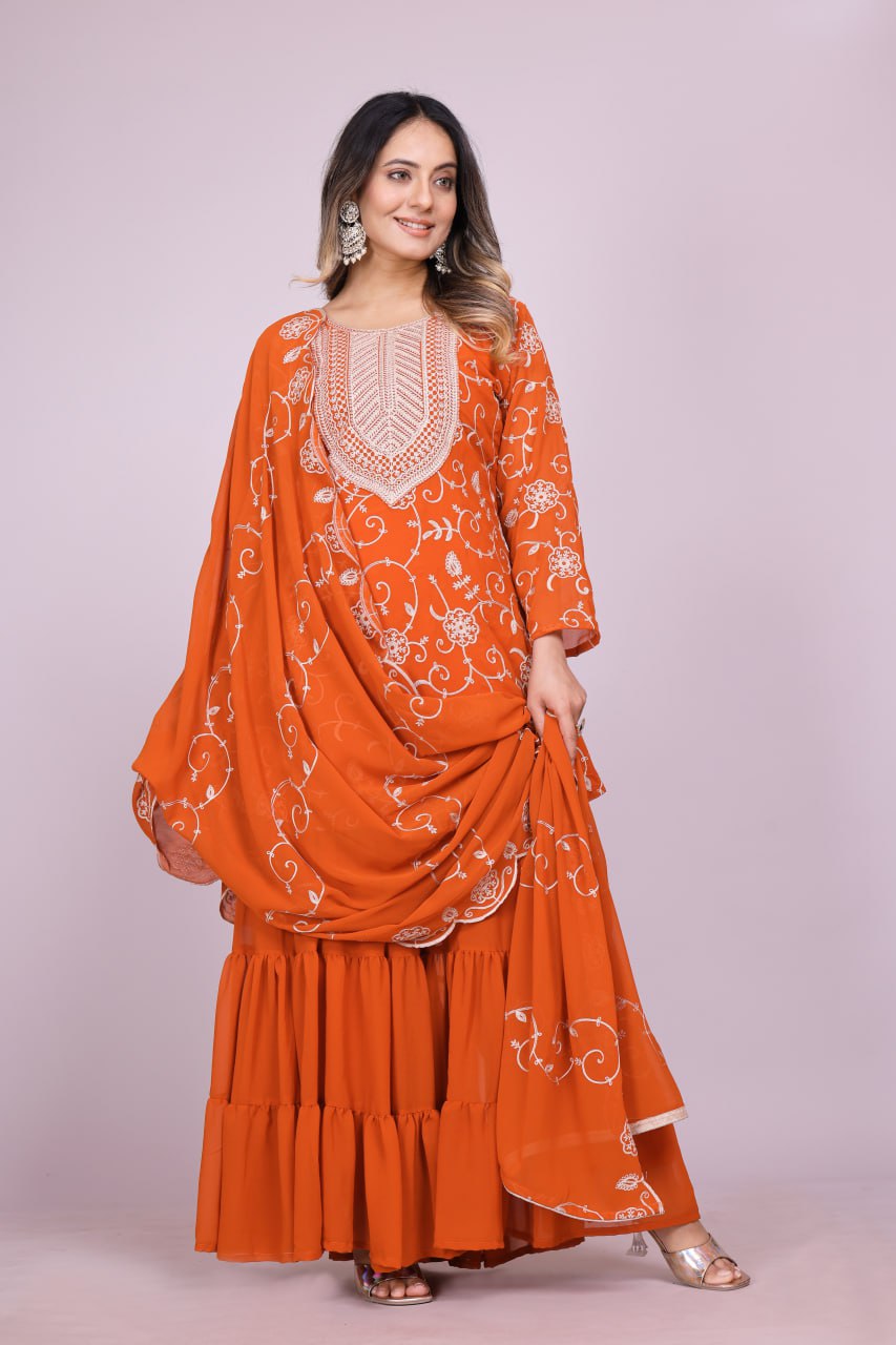 Yash Enterprise Orange Chinon Silk Party Wear Embroidery Suit Set - Distacart
