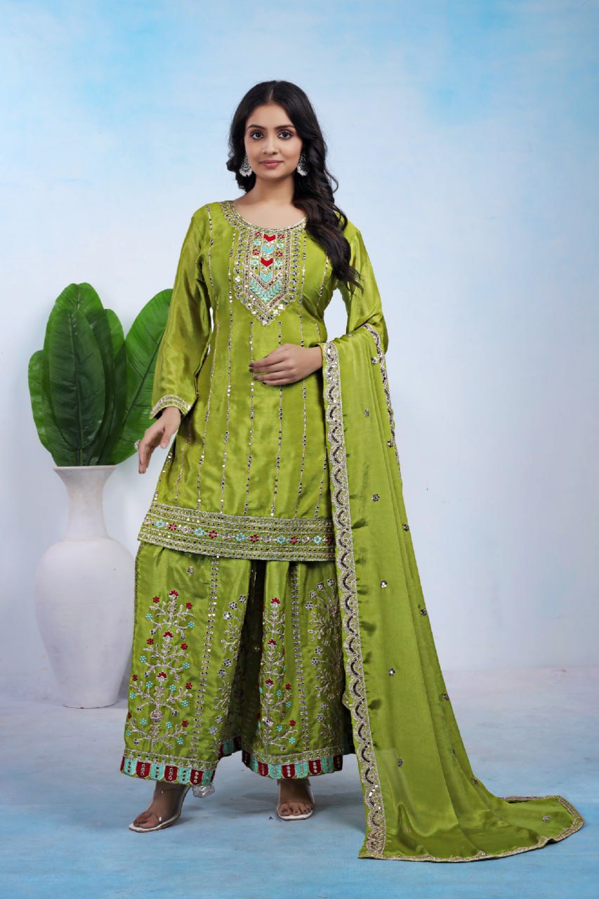 Yash Enterprise Green Chinon Silk Party Wear Embroidery Suit Set - Distacart
