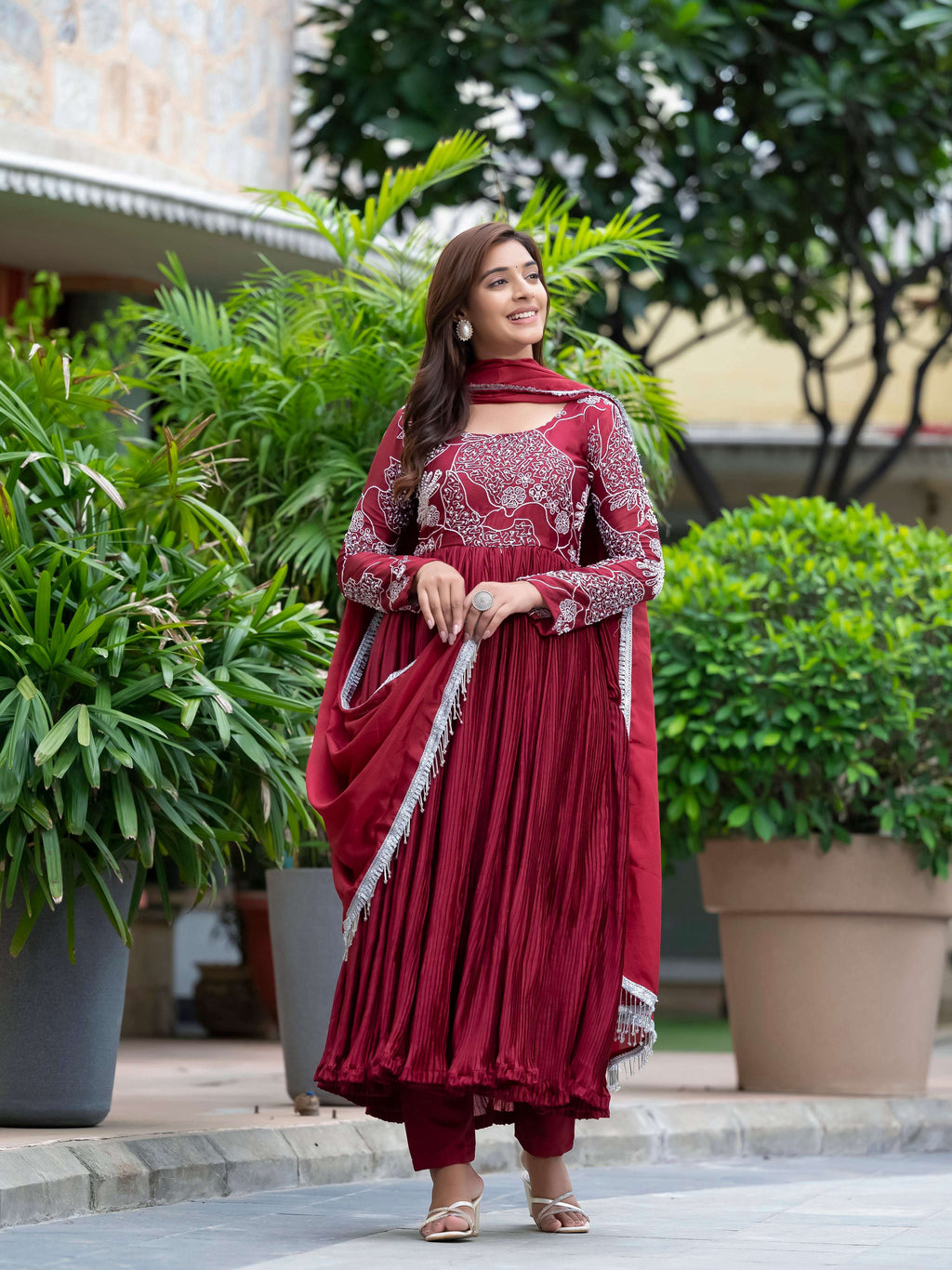 Yash Enterprise Maroon Chinon Silk Party Wear Embroidery Suit Set - Distacart