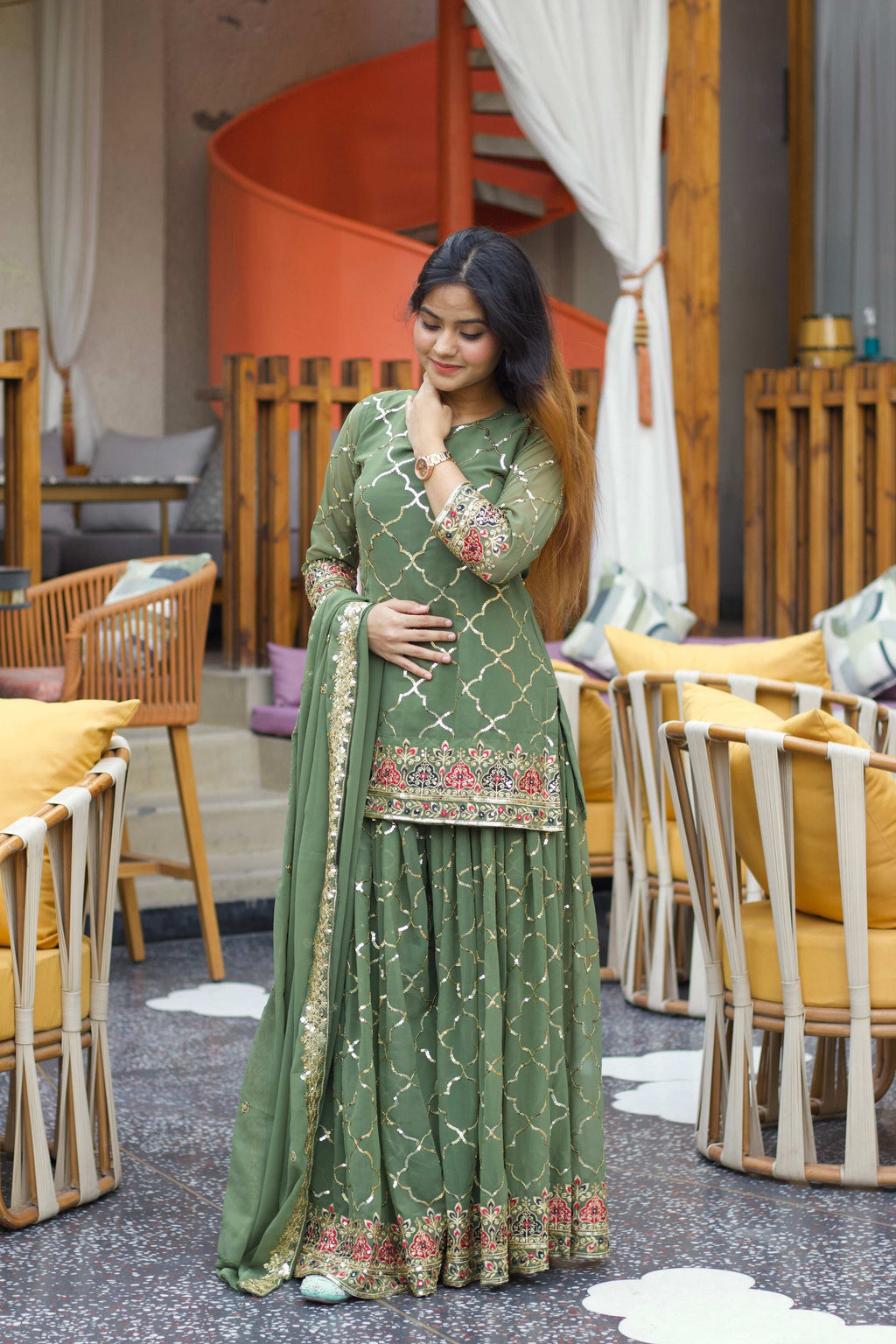 Yash Enterprise Green Georgette Embroidery Party Wear Suit Set - Distacart