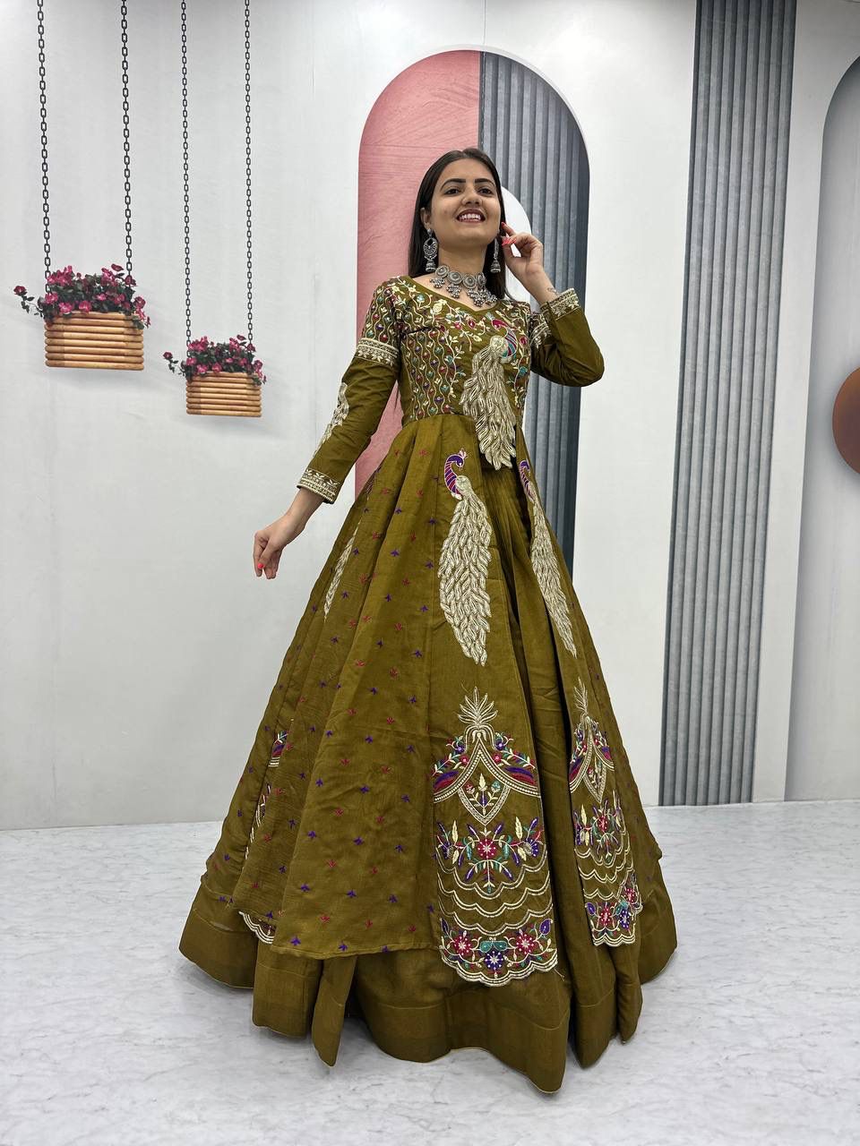 Yash Enterprise Mahendi Green Vichitra Silk Party Wear Embroidery Crop Top With Blouse Lehenga Choli - Distacart