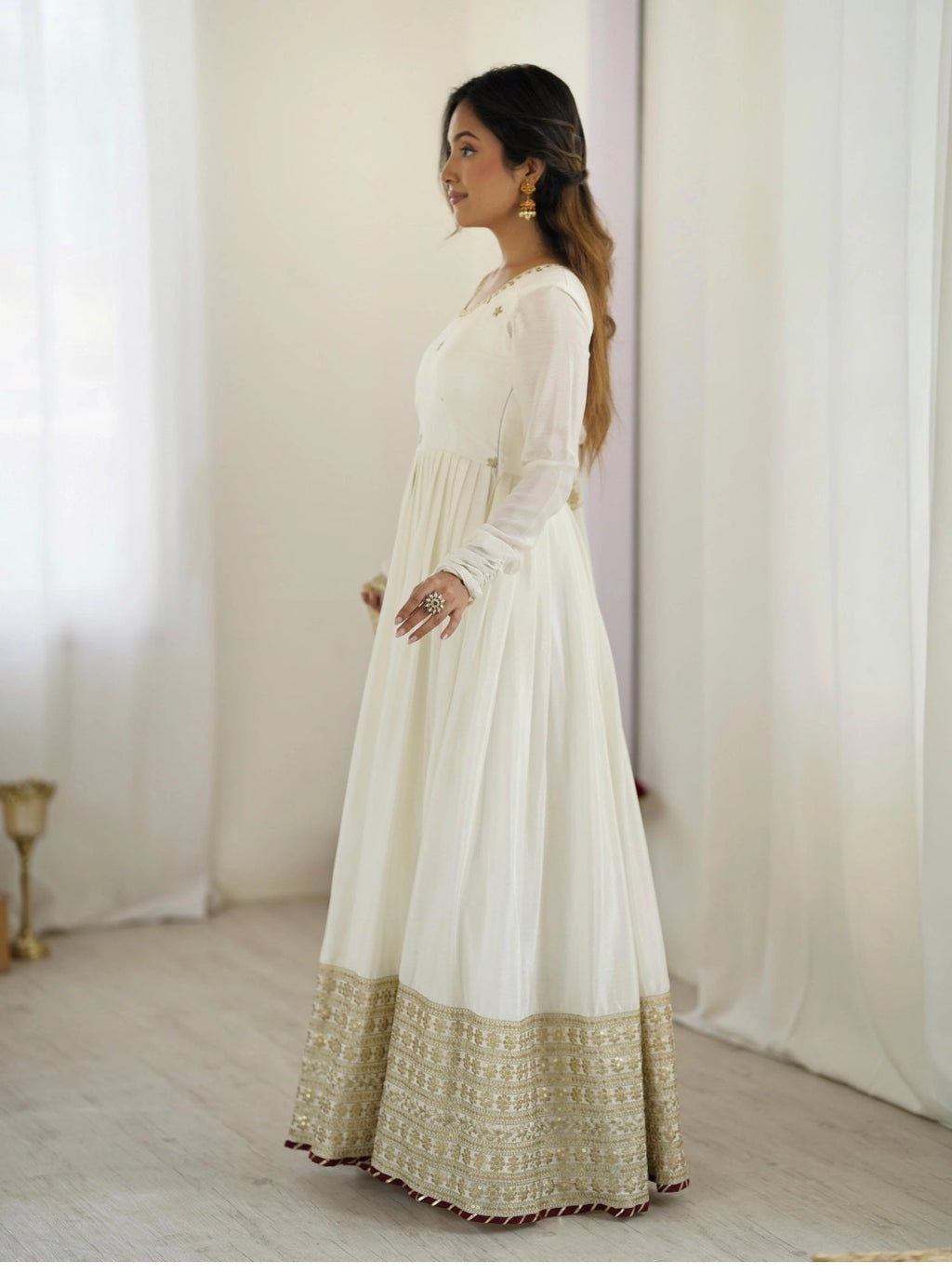 Yash Enterprise Off White Chinon Silk Party Wear Embroidery Suit Set - Distacart