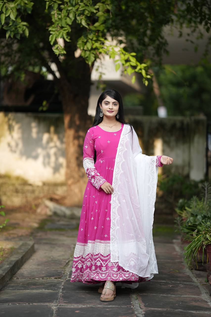 Yash Enterprise Pink Faux Georgette Embroidery Work Party Wear Suit Set - Distacart