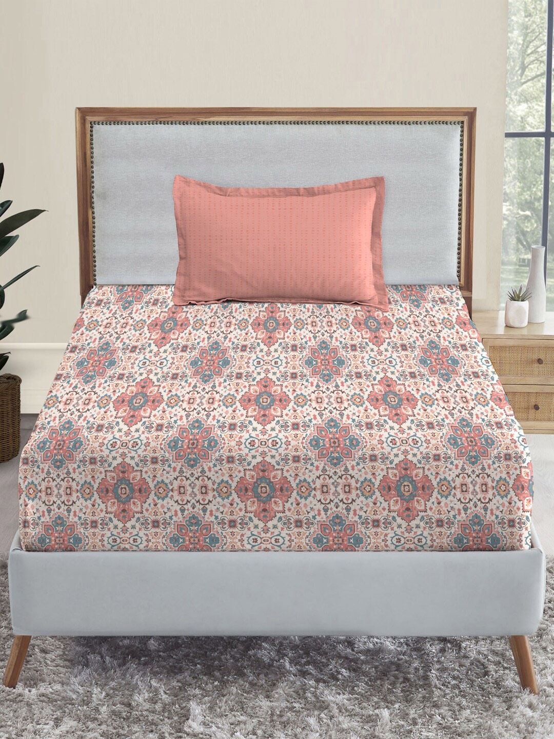 MYTRIDENT Dusk and Dawn Pink Ethnic Motifs Cotton 144 TC Single Bedsheet with 1 Pillow Cover