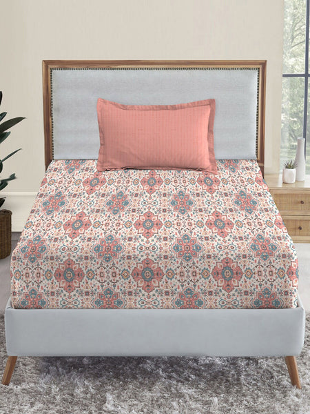 MYTRIDENT Dusk and Dawn Pink Ethnic Motifs Cotton 144 TC Single Bedsheet with 1 Pillow Cover